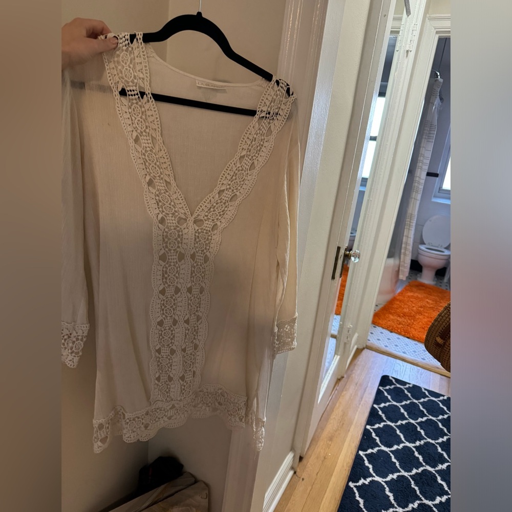 La Blanca Beachwear Cover Up Dress White Cotton Lace - Size Small